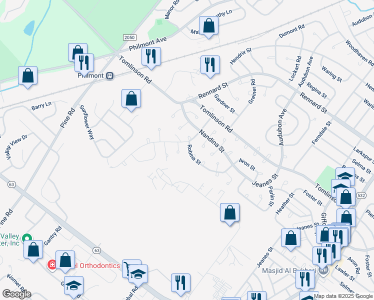 map of restaurants, bars, coffee shops, grocery stores, and more near 201 Lockart Lane in Philadelphia