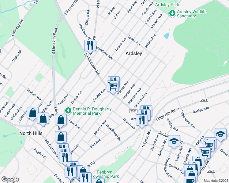 map of restaurants, bars, coffee shops, grocery stores, and more near 619 Maple Avenue in Glenside