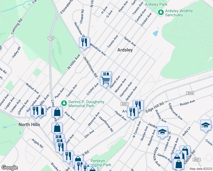 map of restaurants, bars, coffee shops, grocery stores, and more near 619 Maple Avenue in Glenside