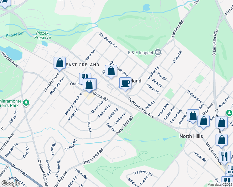map of restaurants, bars, coffee shops, grocery stores, and more near 16 Apel Avenue in Oreland
