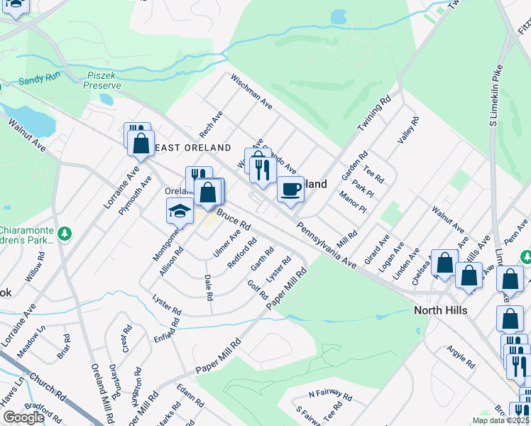 map of restaurants, bars, coffee shops, grocery stores, and more near 16 Apel Avenue in Oreland
