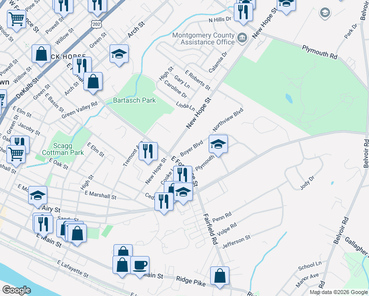 map of restaurants, bars, coffee shops, grocery stores, and more near 1409 Boyer Boulevard in Norristown