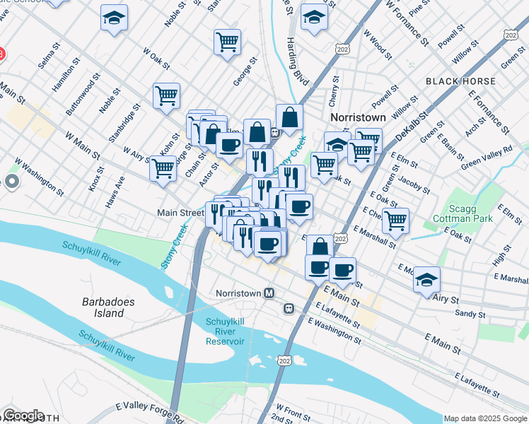 map of restaurants, bars, coffee shops, grocery stores, and more near 520 Norris Street in Norristown