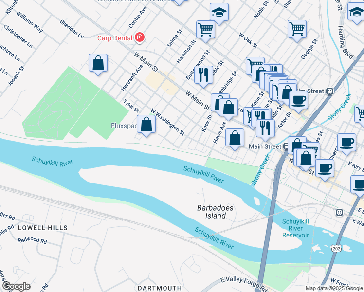 map of restaurants, bars, coffee shops, grocery stores, and more near 10 Stanbridge Street in Norristown