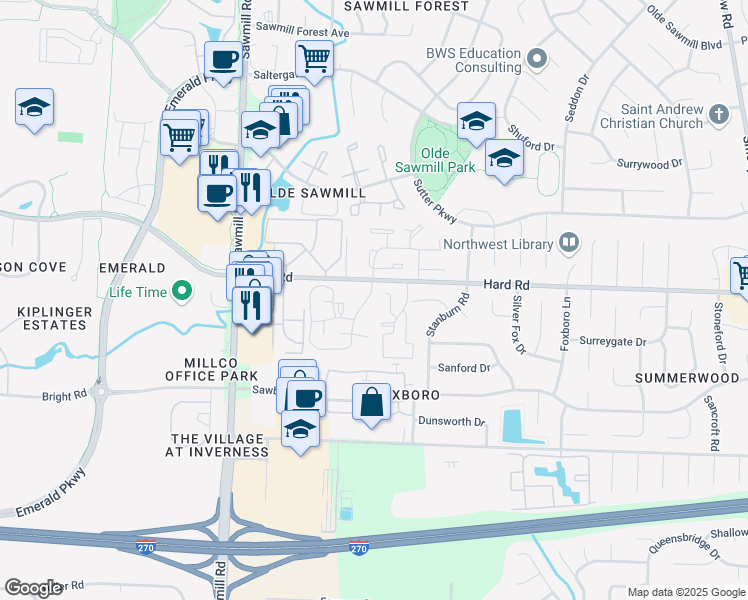 map of restaurants, bars, coffee shops, grocery stores, and more near 7917 Heathermoor Drive in Columbus