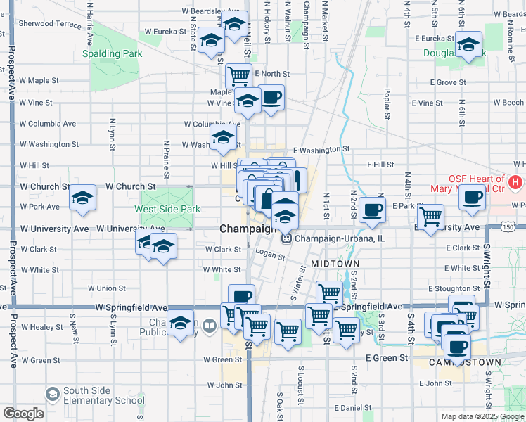 map of restaurants, bars, coffee shops, grocery stores, and more near in Champaign