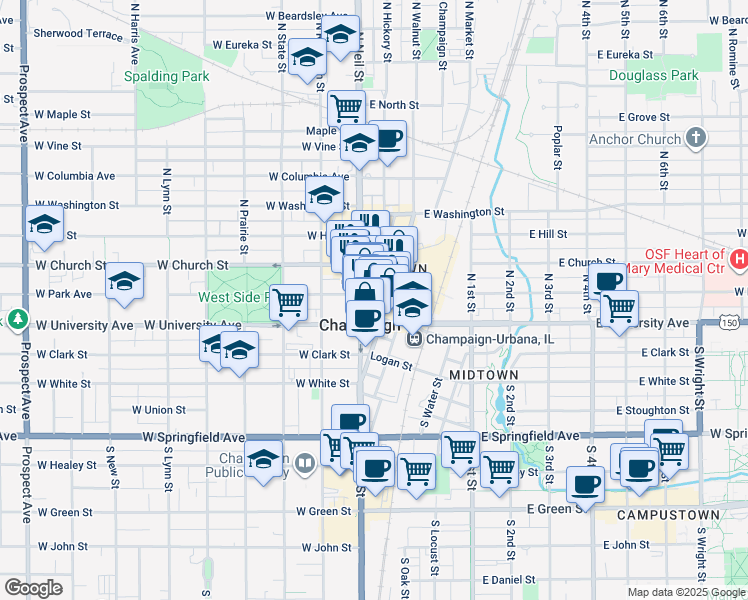 map of restaurants, bars, coffee shops, grocery stores, and more near 204 North Neil Street in Champaign