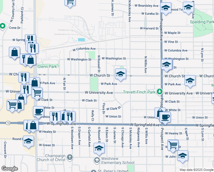 map of restaurants, bars, coffee shops, grocery stores, and more near 1210 West Park Avenue in Champaign