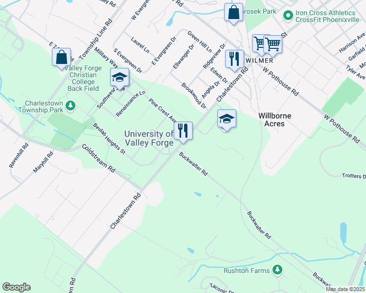 map of restaurants, bars, coffee shops, grocery stores, and more near 1442 Charlestown Road in Phoenixville