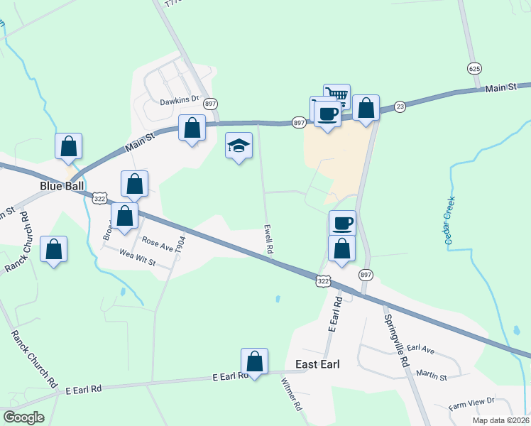 map of restaurants, bars, coffee shops, grocery stores, and more near 126 Ewell Road in East Earl