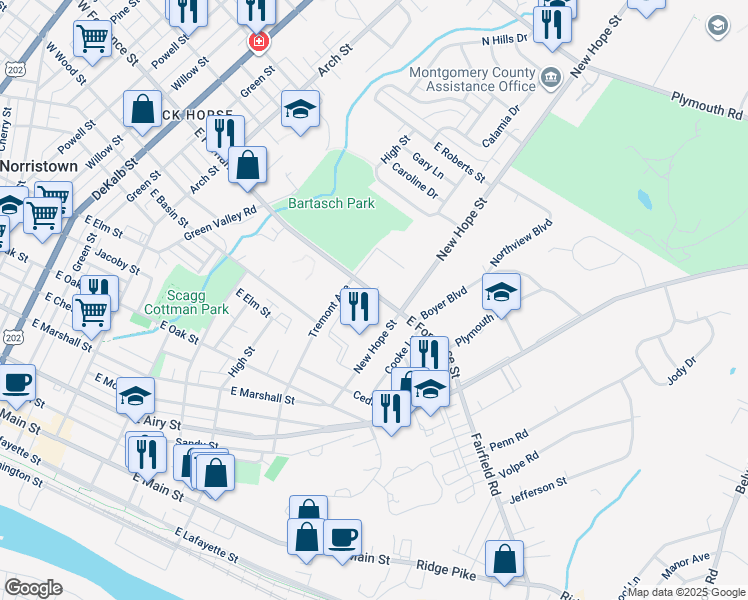 map of restaurants, bars, coffee shops, grocery stores, and more near 724 E Fornance St in Norristown