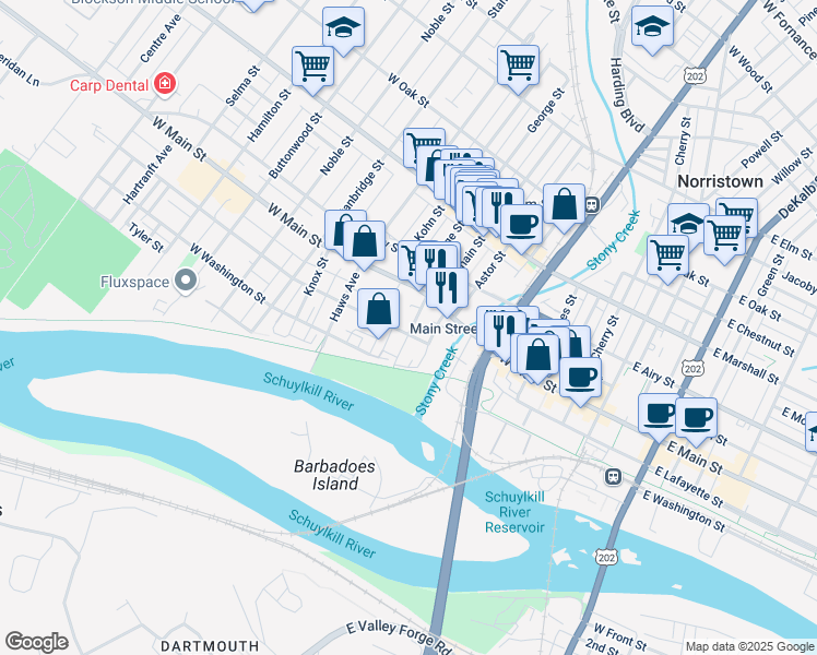 map of restaurants, bars, coffee shops, grocery stores, and more near 207 Chain Street in Norristown