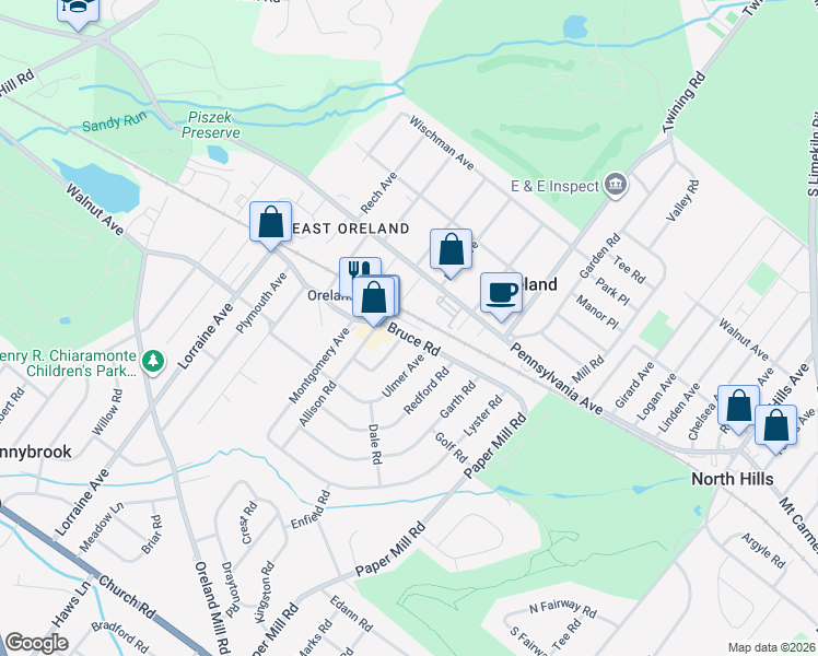 map of restaurants, bars, coffee shops, grocery stores, and more near 1323 Bruce Road in Oreland