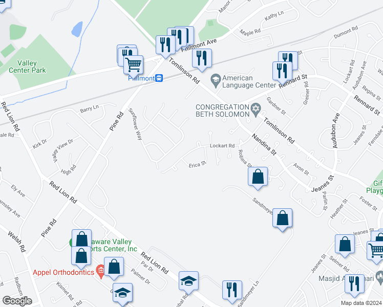 map of restaurants, bars, coffee shops, grocery stores, and more near 217 Erica Terrace in Philadelphia