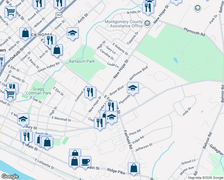 map of restaurants, bars, coffee shops, grocery stores, and more near 1409 Boyer Boulevard in Norristown