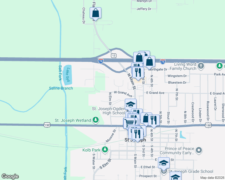 map of restaurants, bars, coffee shops, grocery stores, and more near 202 West Grand Avenue in Saint Joseph