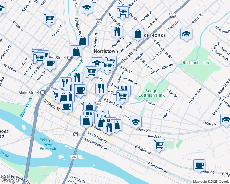 map of restaurants, bars, coffee shops, grocery stores, and more near 205 East Chestnut Street in Norristown
