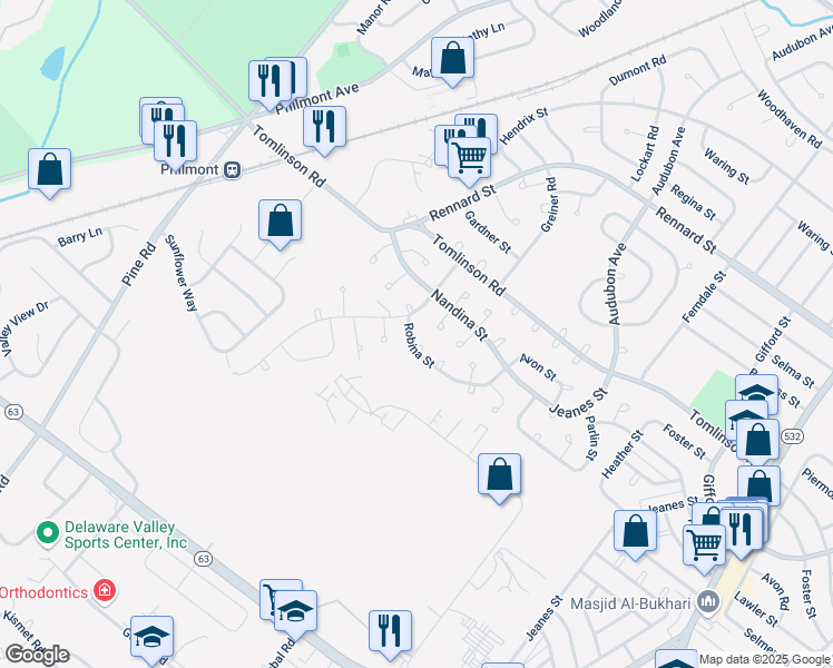 map of restaurants, bars, coffee shops, grocery stores, and more near 211 Robina Street in Philadelphia