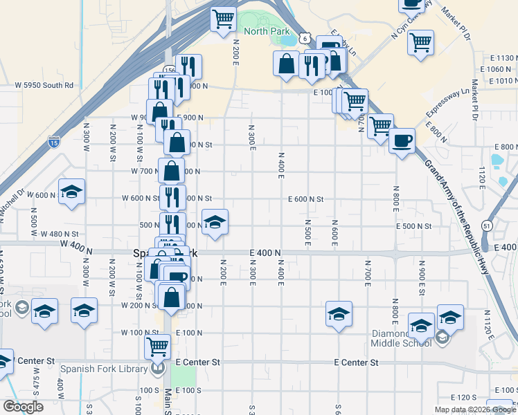 map of restaurants, bars, coffee shops, grocery stores, and more near 595 North 300 East in Spanish Fork