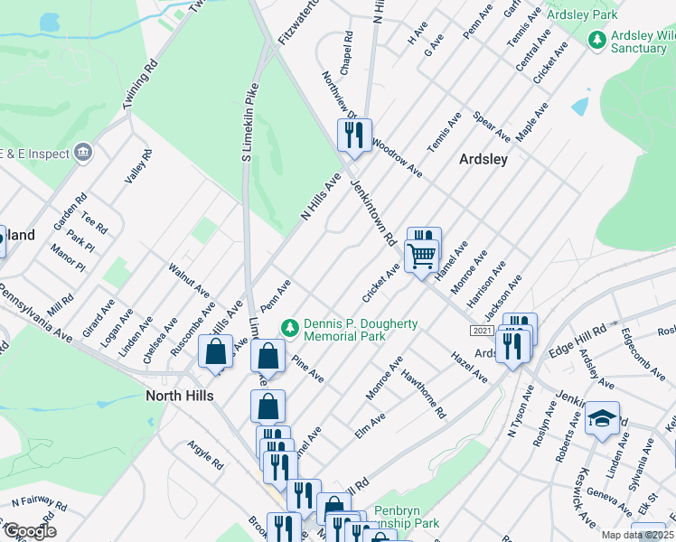 map of restaurants, bars, coffee shops, grocery stores, and more near 443 Tennis Avenue in Glenside
