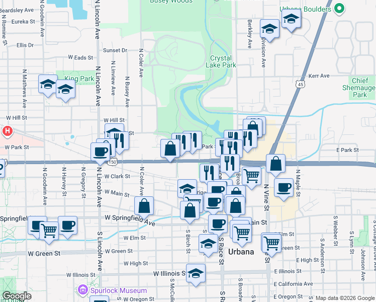 map of restaurants, bars, coffee shops, grocery stores, and more near 409 West Park Street in Urbana