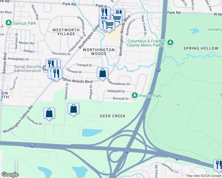 map of restaurants, bars, coffee shops, grocery stores, and more near 1362 Abbeyhill Drive in Worthington