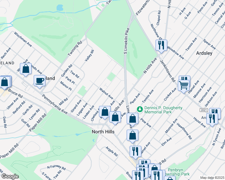 map of restaurants, bars, coffee shops, grocery stores, and more near 310 Chelsea Avenue in Glenside