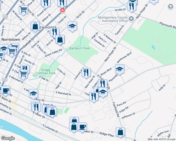 map of restaurants, bars, coffee shops, grocery stores, and more near 718 East Fornance Street in Norristown