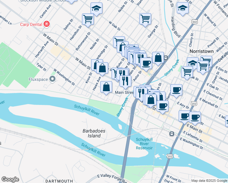 map of restaurants, bars, coffee shops, grocery stores, and more near 207 Chain Street in Norristown