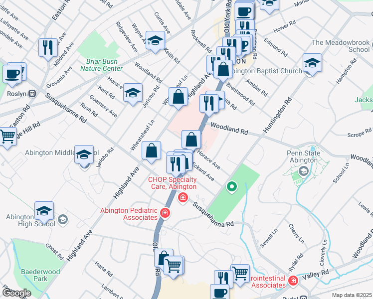 map of restaurants, bars, coffee shops, grocery stores, and more near 1176 Old York Road in Montgomery County