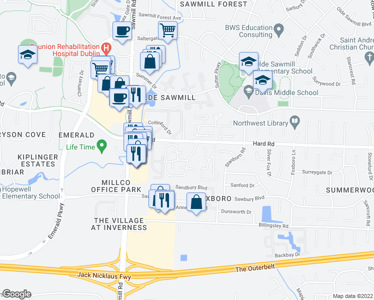 map of restaurants, bars, coffee shops, grocery stores, and more near 7917 Heathermoor Drive in Columbus