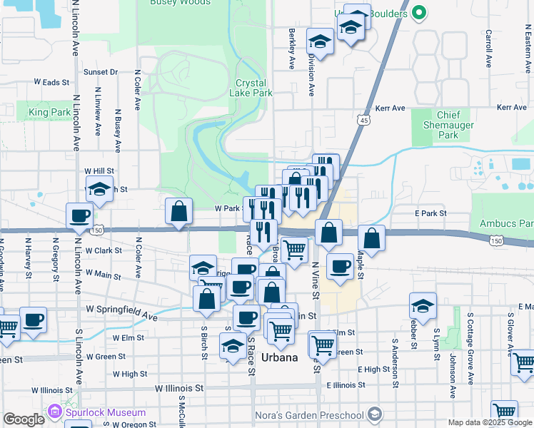 map of restaurants, bars, coffee shops, grocery stores, and more near 111 West Park Street in Urbana