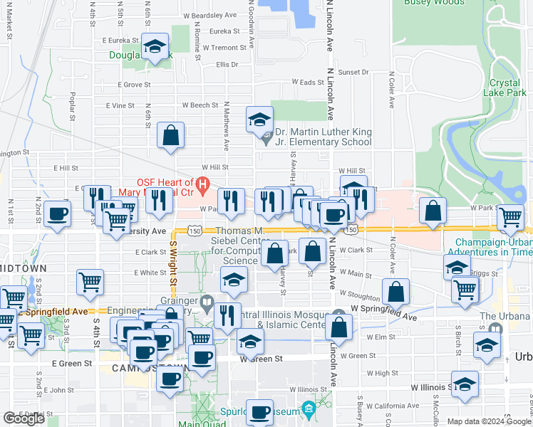 map of restaurants, bars, coffee shops, grocery stores, and more near 508 North Goodwin Avenue in Urbana