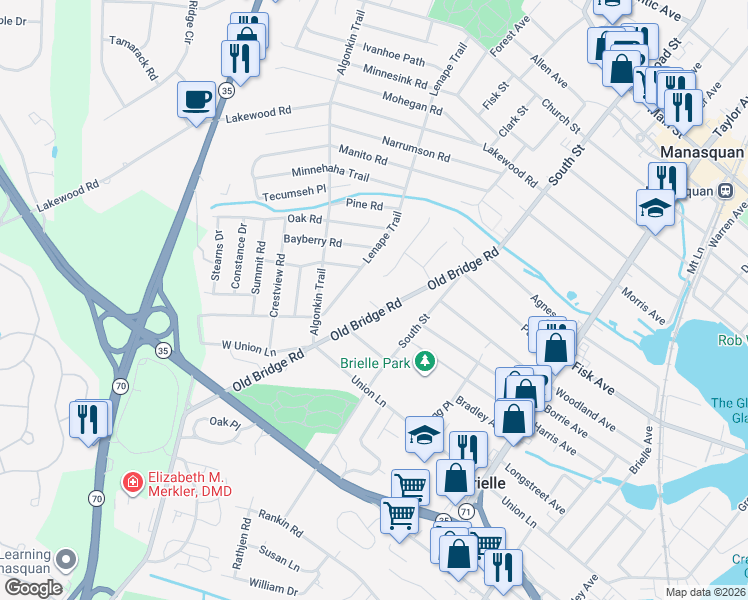map of restaurants, bars, coffee shops, grocery stores, and more near 2 Lebanon Drive in Brielle