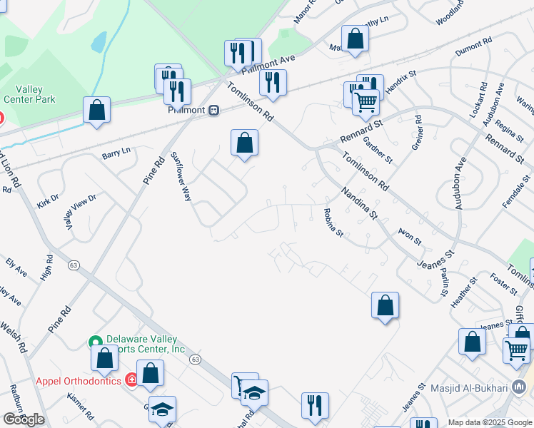 map of restaurants, bars, coffee shops, grocery stores, and more near 201 Erica Terrace in Philadelphia