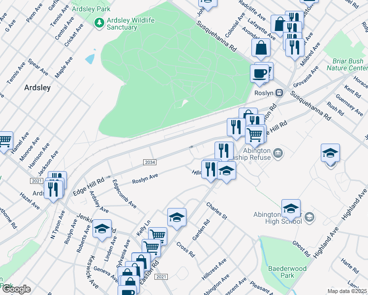 map of restaurants, bars, coffee shops, grocery stores, and more near 816 Edge Hill Road in Glenside