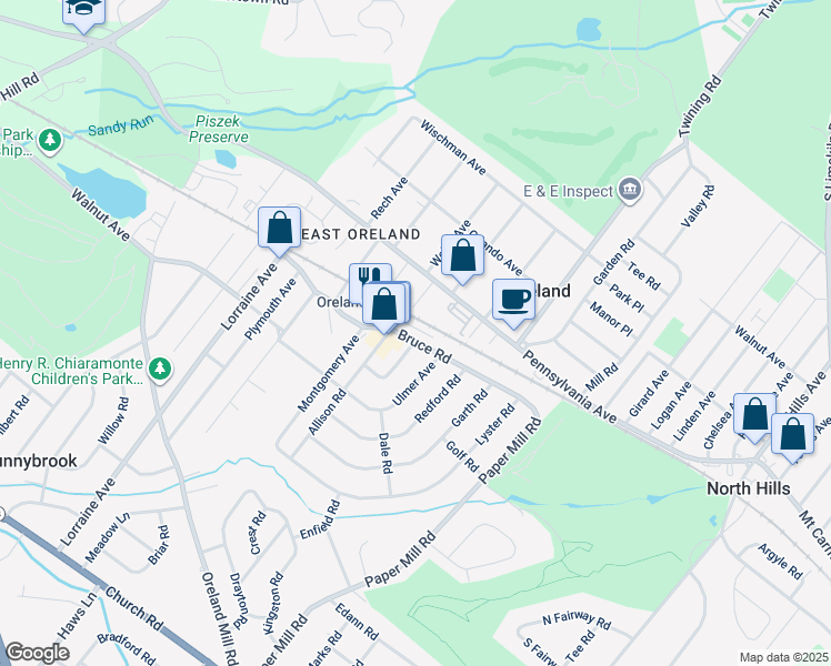 map of restaurants, bars, coffee shops, grocery stores, and more near in Oreland