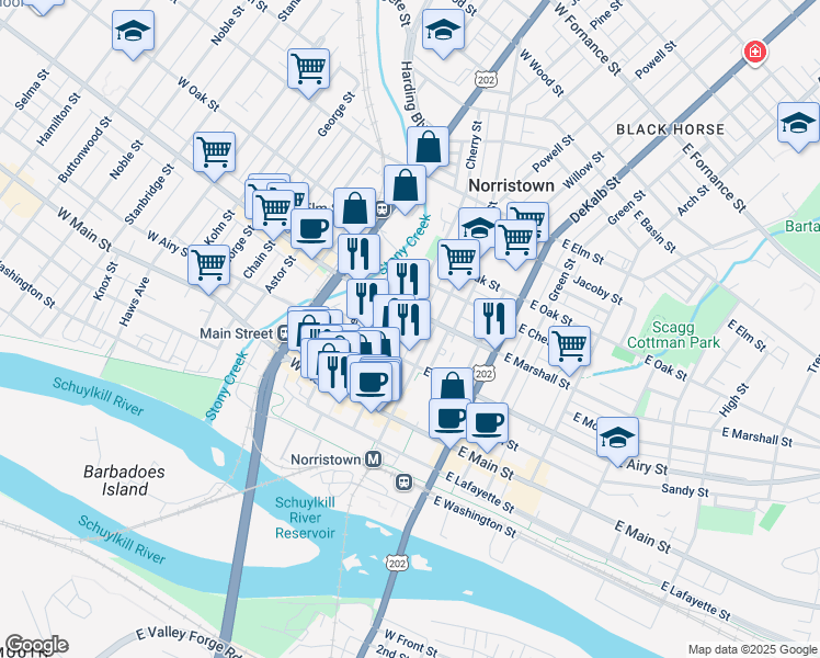 map of restaurants, bars, coffee shops, grocery stores, and more near 14W West Marshall Street in Norristown