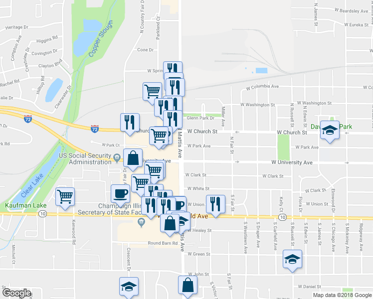 map of restaurants, bars, coffee shops, grocery stores, and more near 1715 West Park Avenue in Champaign