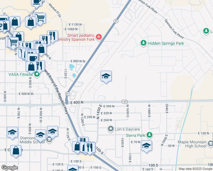 map of restaurants, bars, coffee shops, grocery stores, and more near 574 Rees Avenue in Spanish Fork