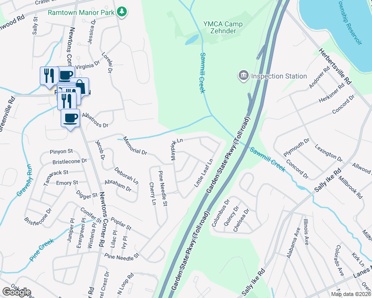 map of restaurants, bars, coffee shops, grocery stores, and more near 112 Maypink Lane in Howell Township