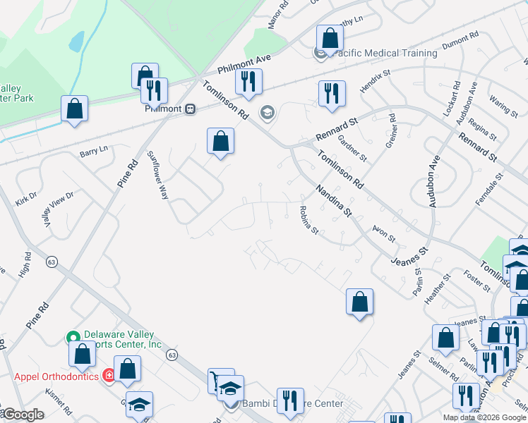 map of restaurants, bars, coffee shops, grocery stores, and more near 201 Lockart Terrace in Philadelphia