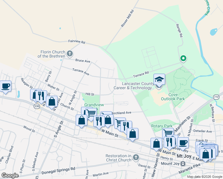 map of restaurants, bars, coffee shops, grocery stores, and more near 331 Hill Street in Mount Joy