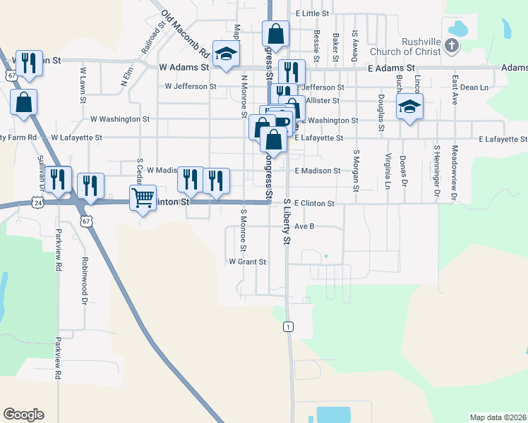 map of restaurants, bars, coffee shops, grocery stores, and more near 200-298 West Clinton Street in Rushville