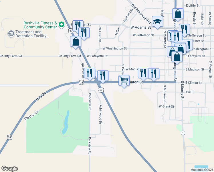 map of restaurants, bars, coffee shops, grocery stores, and more near 584-634 West Clinton Street in Rushville