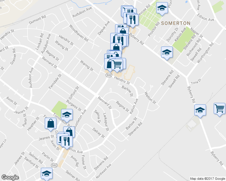 map of restaurants, bars, coffee shops, grocery stores, and more near 801 Densmore Road in Philadelphia