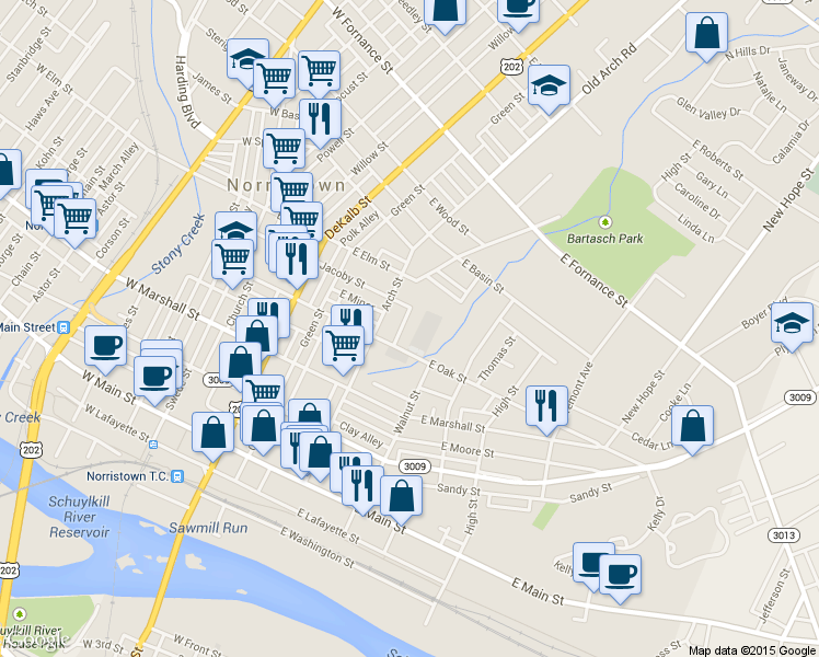 map of restaurants, bars, coffee shops, grocery stores, and more near 824 Smith Street in Norristown