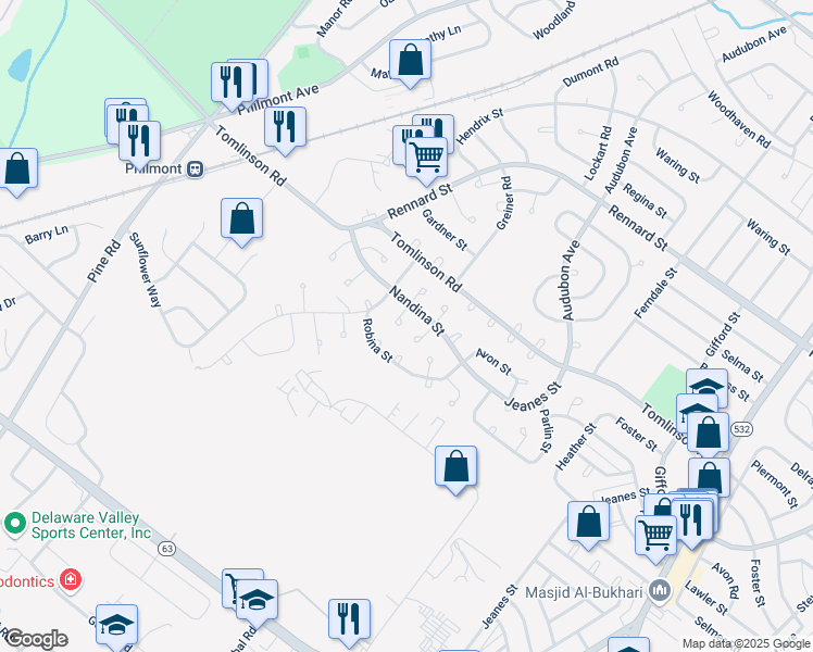 map of restaurants, bars, coffee shops, grocery stores, and more near 10837 Nandina Lane in Philadelphia