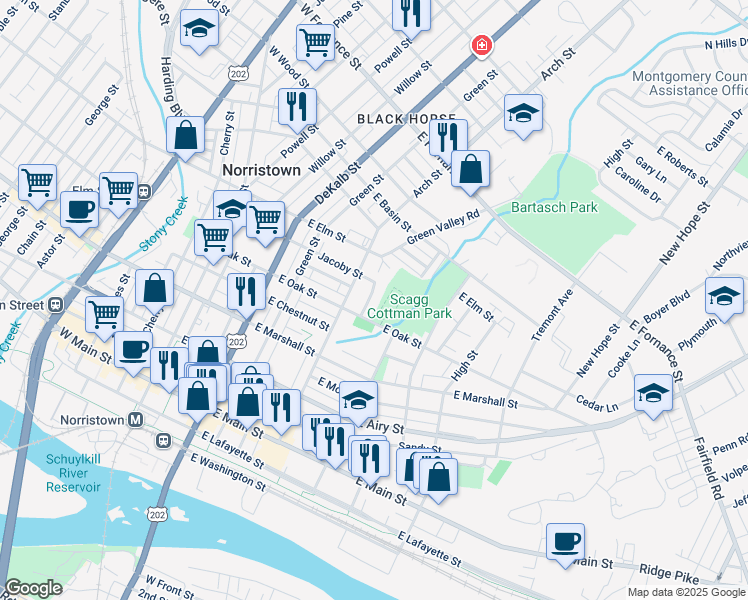 map of restaurants, bars, coffee shops, grocery stores, and more near 824 Smith Street in Norristown