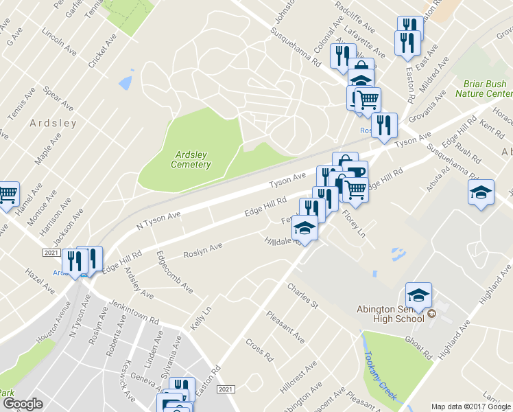 map of restaurants, bars, coffee shops, grocery stores, and more near 816 Edge Hill Road in Glenside